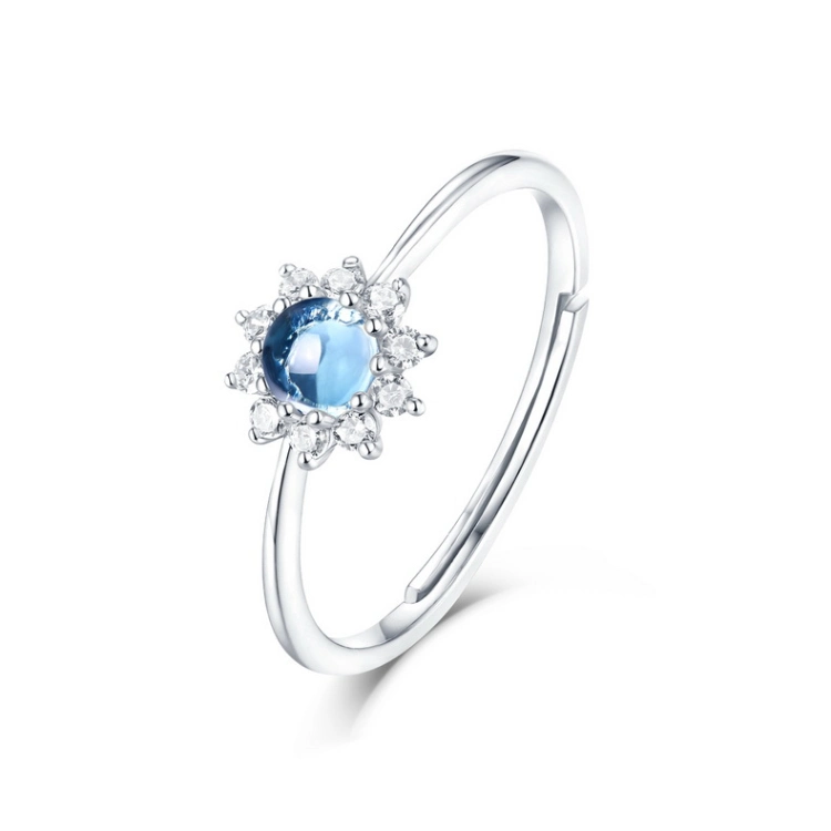 Flower Round Blue Topaz Adjustable Rings for Women 925 Sterling Silver Wedding Engagement Ring Zircon Jewelry