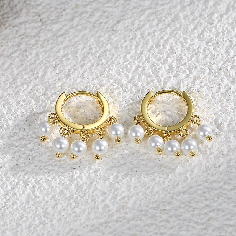 Wholesale Trendy Gold Plating Brass Pearl Beaded Tassel Drop Huggie Hoop Earrings Jewelry for Women